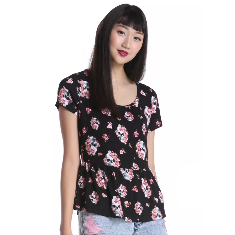 Hot Topic Black Floral Skull Peplum Top sz Large
